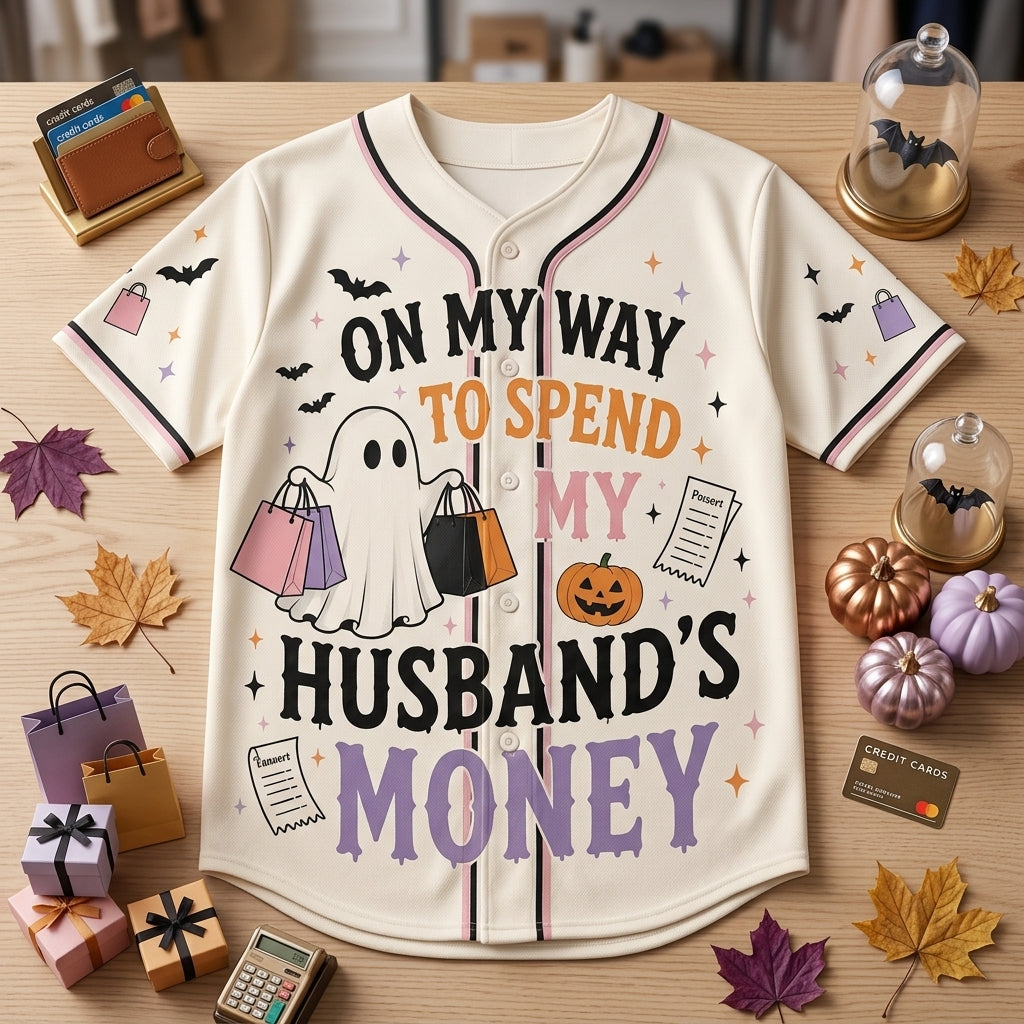 Personalized Spooky Shopping Ghost Baseball Jersey - Custom Name Funny Halloween Wife Gift Shirt
