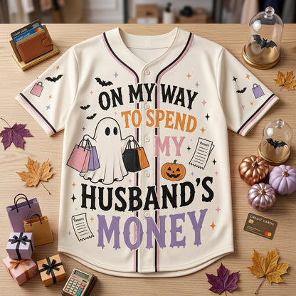 Personalized Spooky Shopping Ghost Baseball Jersey - Custom Name Funny Halloween Wife Gift Shirt