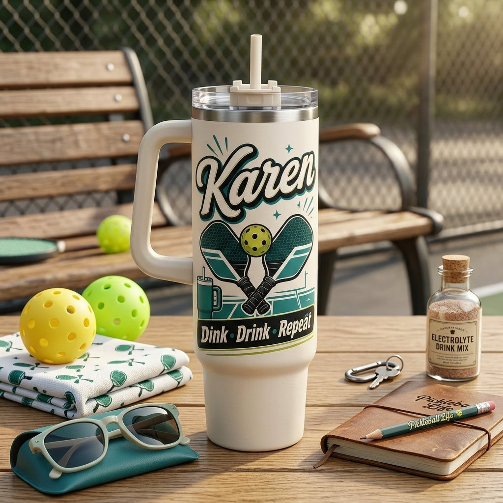 Personalized Pickleball Life 40oz Tumbler with Handle, Custom Name Court Crew Gift for Pickleball Players