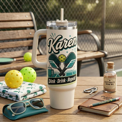 Personalized Pickleball Life 40oz Tumbler with Handle, Custom Name Court Crew Gift for Pickleball Players