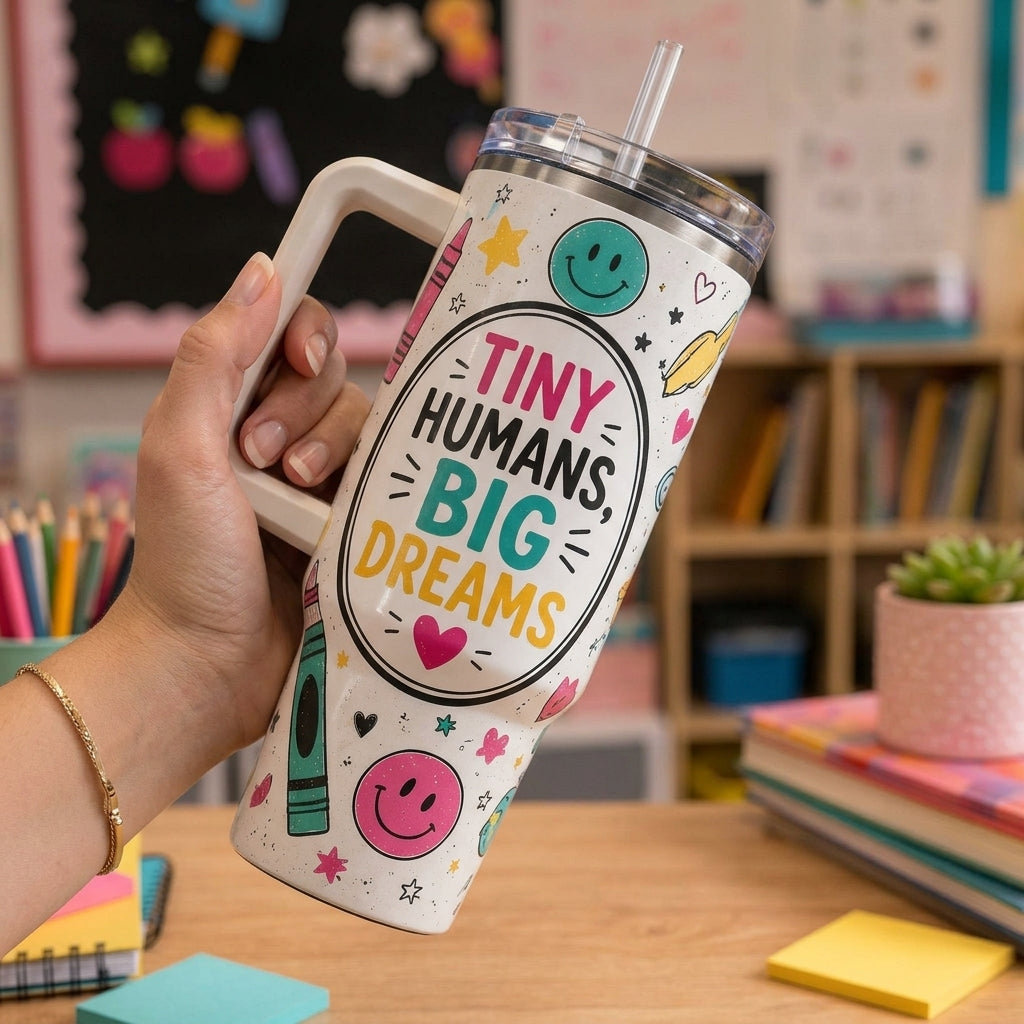 Tiny Humans Big Dreams 40oz Insulated Tumbler with Handle - Personalized Teacher Gift for Back to School