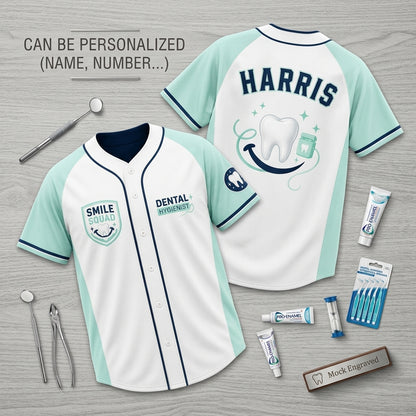 Personalized Dental Hygienist Baseball Jersey - Custom Name Smile Squad Tooth Design Sports Shirt