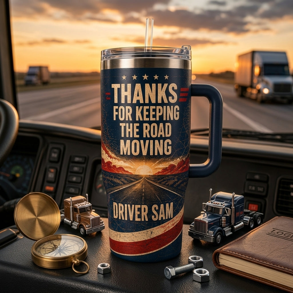 Personalized Trucker 40oz Tumbler with Handle - Road Warrior Fuel Custom Name Gift