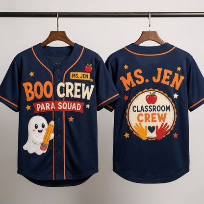 Personalized Boo Crew Para Squad Halloween Baseball Jersey - Custom Teacher Name Classroom Crew Navy Jersey
