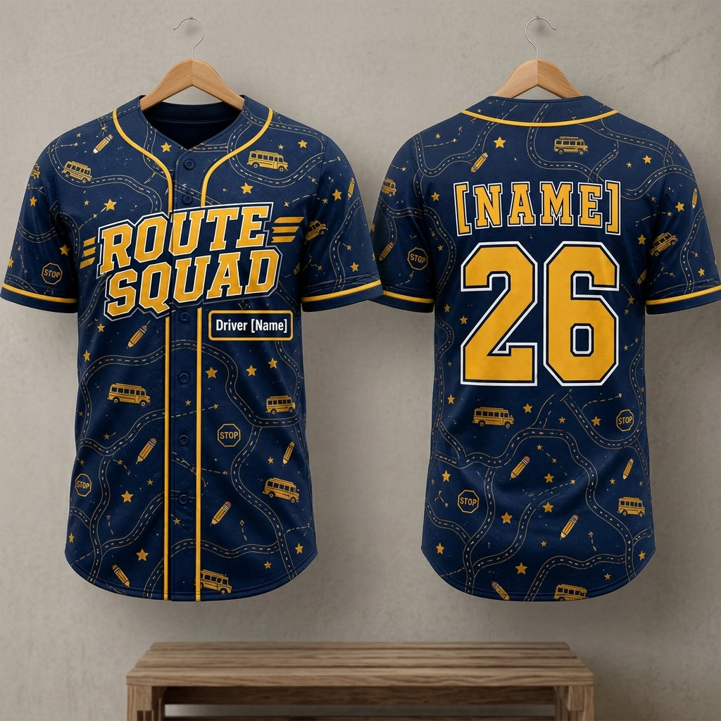 Personalized School Bus Driver Route Squad Baseball Jersey - Custom Name and Number Navy Gold Uniform