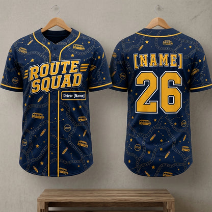 Personalized School Bus Driver Route Squad Baseball Jersey - Custom Name and Number Navy Gold Uniform