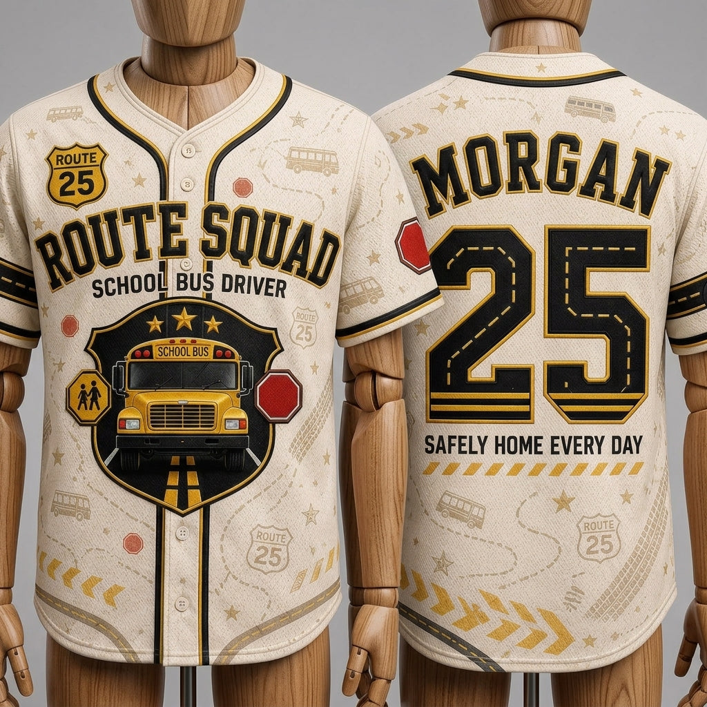 Personalized School Bus Driver Baseball Jersey - Custom Name and Number Route Squad Gift