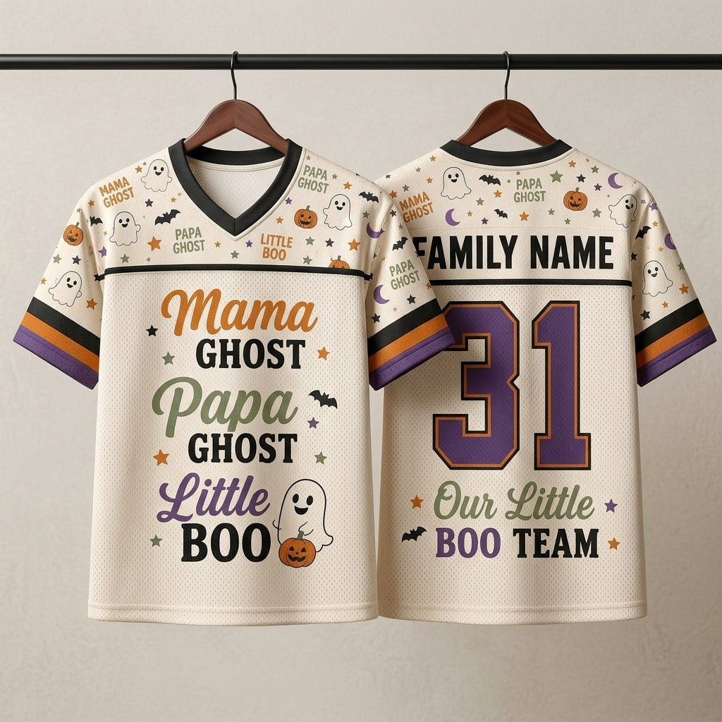 Personalized Family Halloween Football Jersey - Custom Name Ghost Team Jersey for Mama Papa and Little Boo