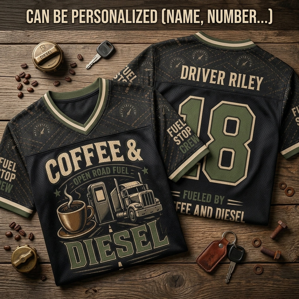 Personalized Coffee & Diesel Trucker Football Jersey - Custom Name and Number Hybrid Mesh Shirt