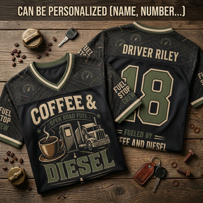 Personalized Coffee & Diesel Trucker Football Jersey - Custom Name and Number Hybrid Mesh Shirt