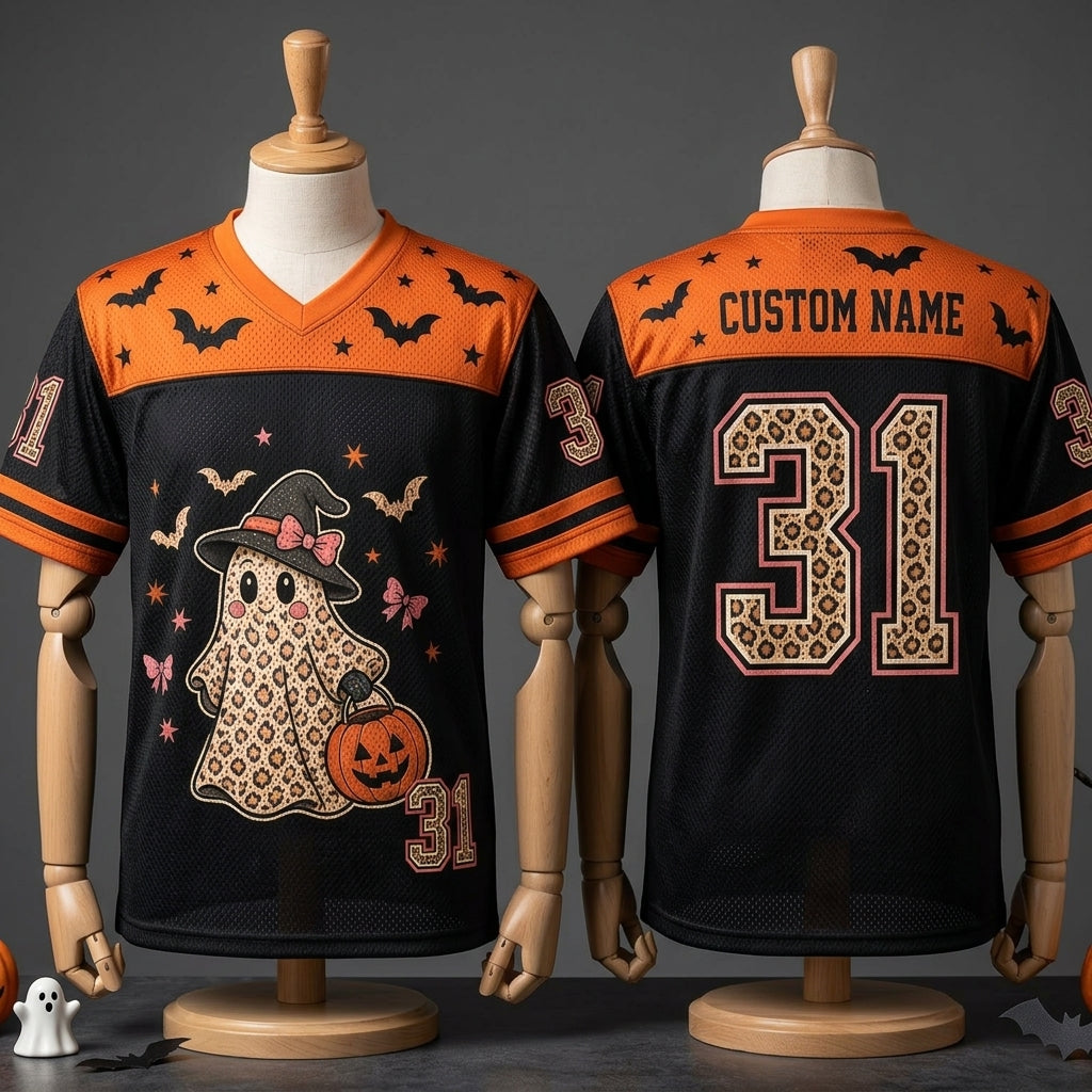 Personalized Halloween Ghost Leopard Print Football Jersey - Custom Name Spooky Mesh Sport Shirt