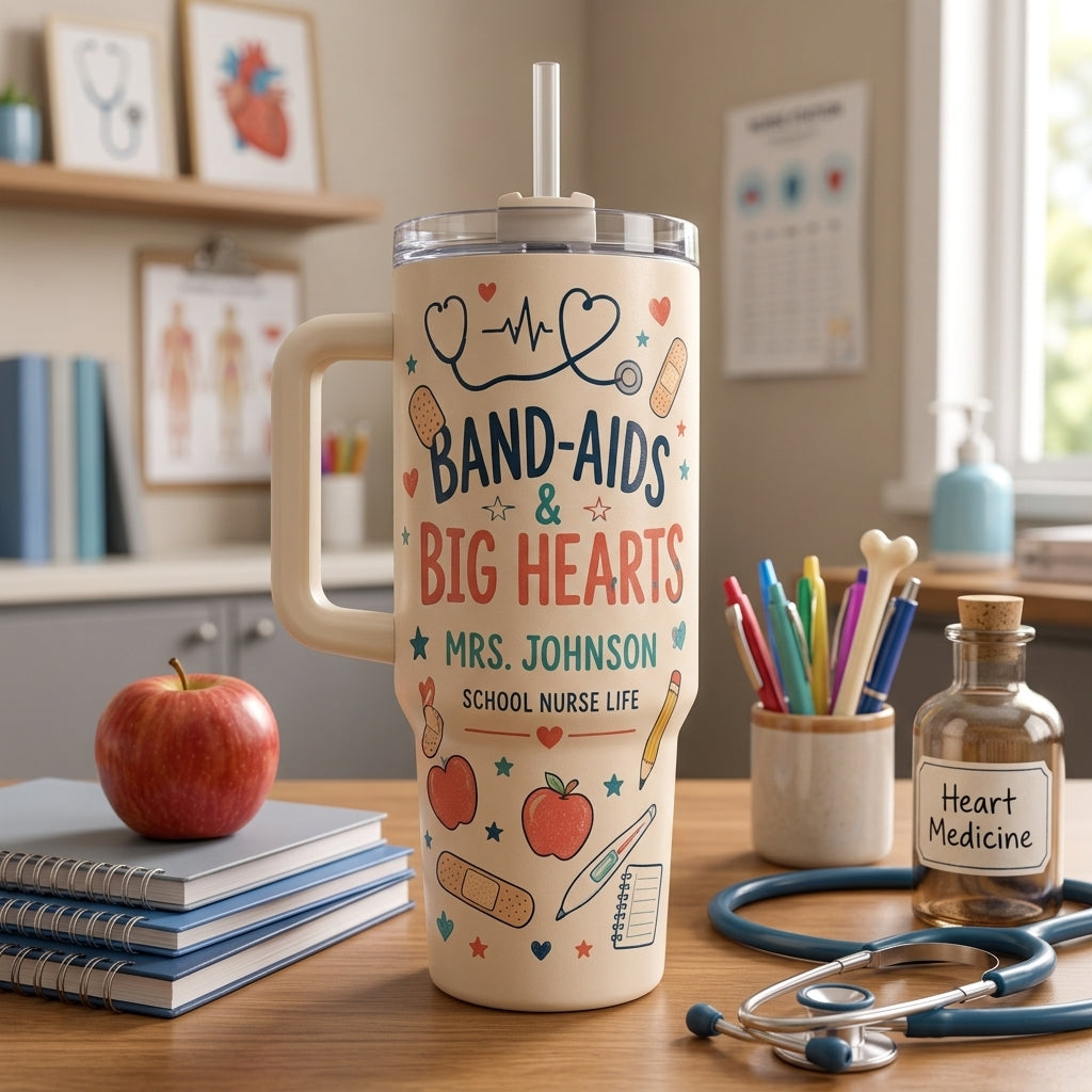 Personalized Band-Aids & Big Hearts School Nurse 40oz Tumbler with Handle - Custom Name Gift