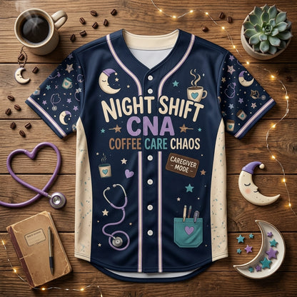 Personalized Night Shift CNA Baseball Jersey - Custom Name Coffee Care Chaos Moonlight Care Shirt