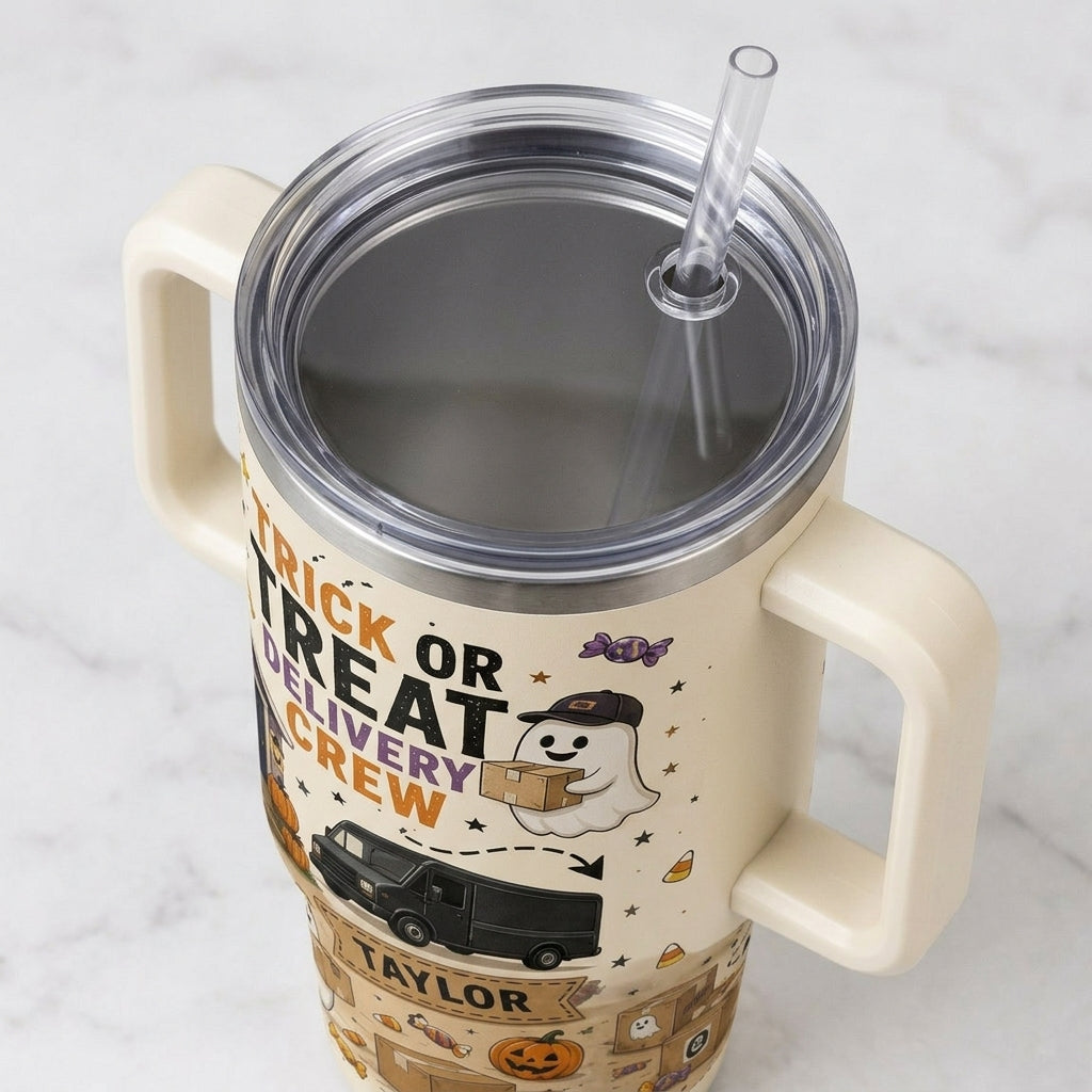Personalized Trick or Treat Delivery Crew 40oz Tumbler with Handle Custom Name Ghost Express Halloween Gift for Drivers