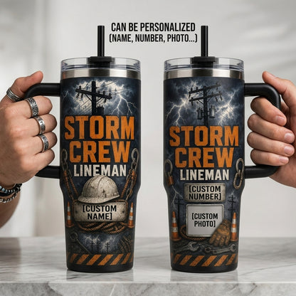 Personalized Lineman Storm Crew 40oz Tumbler with Handle, Custom Name Utility Worker Gift for Men