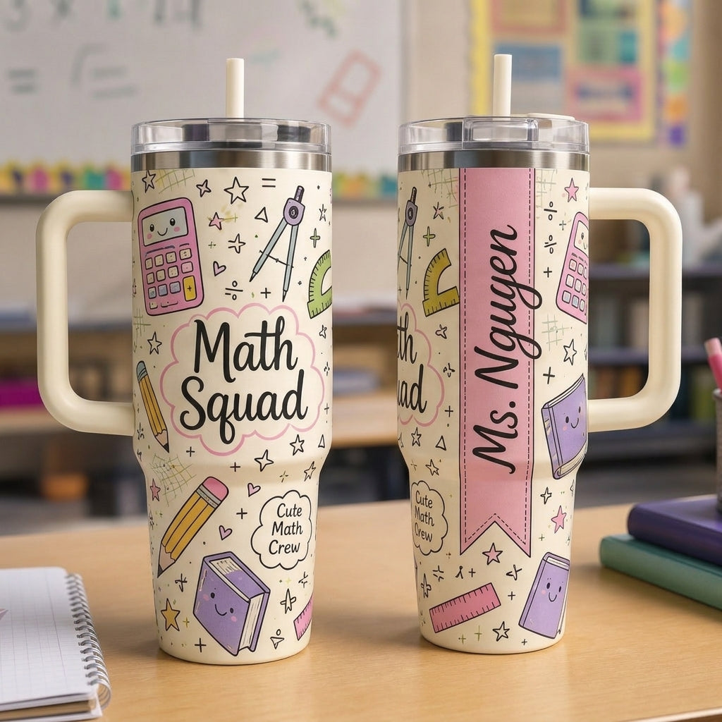 Personalized Math Squad 40oz Tumbler with Handle, Custom Name Math Teacher Gift, Cute Math Crew Travel Mug
