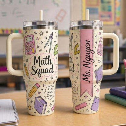 Personalized Math Squad 40oz Tumbler with Handle, Custom Name Math Teacher Gift, Cute Math Crew Travel Mug