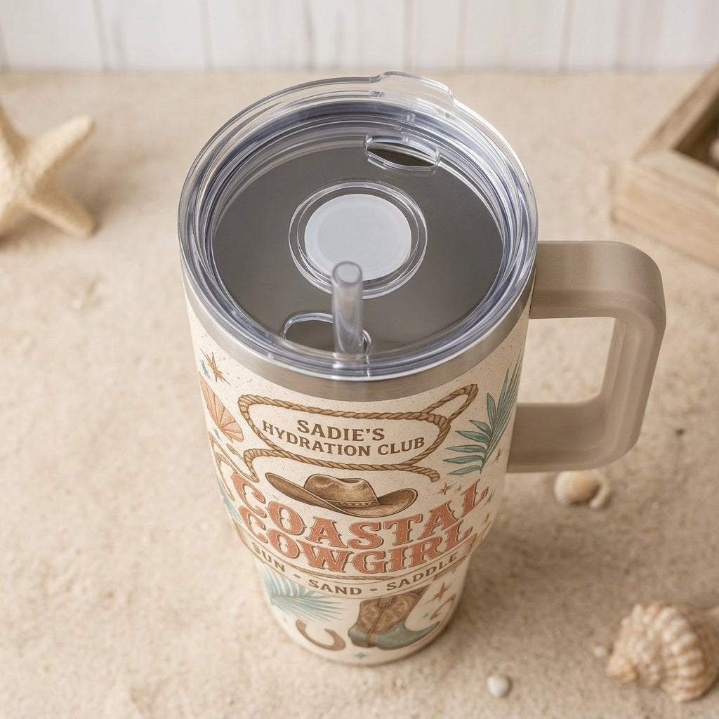 Personalized Coastal Cowgirl 40oz Tumbler with Handle - Custom Western Beach Travel Mug Gift