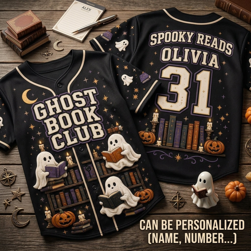 Personalized Ghost Book Club Baseball Jersey - Custom Name & Number Spooky Reads Halloween Shirt for Book Lovers