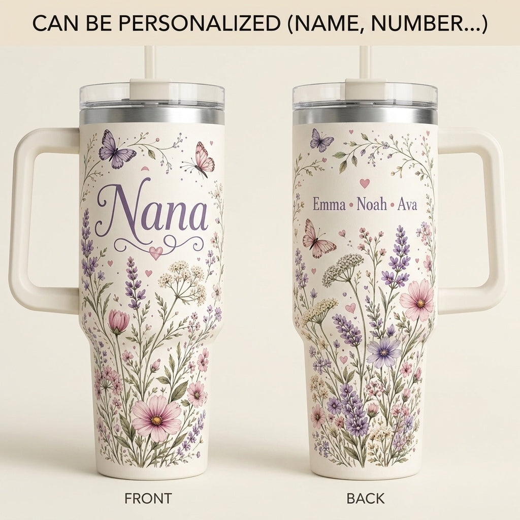 Personalized Nana's Garden 40oz Tumbler with Handle, Custom Grandkids Names Wildflower Butterfly Floral Travel Mug
