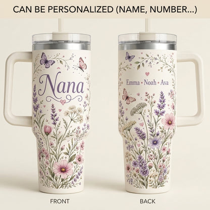 Personalized Nana's Garden 40oz Tumbler with Handle, Custom Grandkids Names Wildflower Butterfly Floral Travel Mug