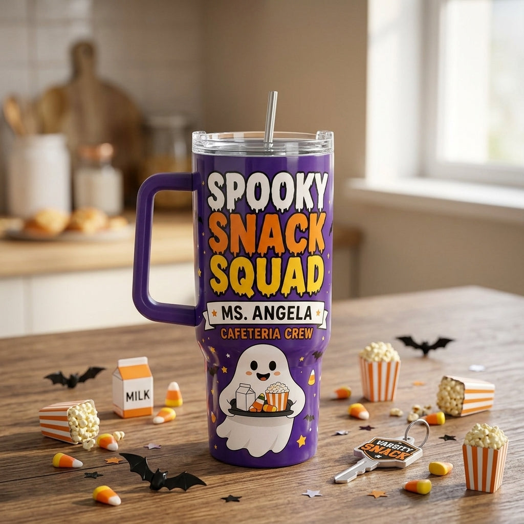 Personalized Spooky Snack Squad 40oz Tumbler with Handle - Custom Name Cafeteria Crew Halloween Cup