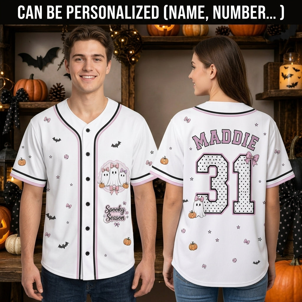 Personalized Spooky Season Ghost Baseball Jersey - Custom Name and Number Coquette Pink Halloween Jersey