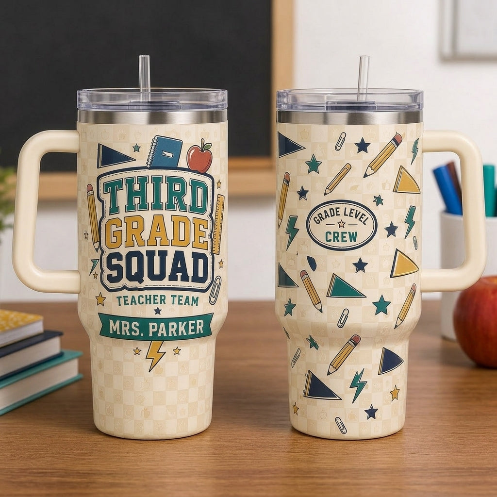 Personalized Third Grade Squad Teacher 40oz Tumbler with Handle - Custom Name Gift for Educators