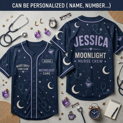 Personalized Night Shift Nurse Baseball Jersey Custom Name Moonlight Care Club Medical Gift