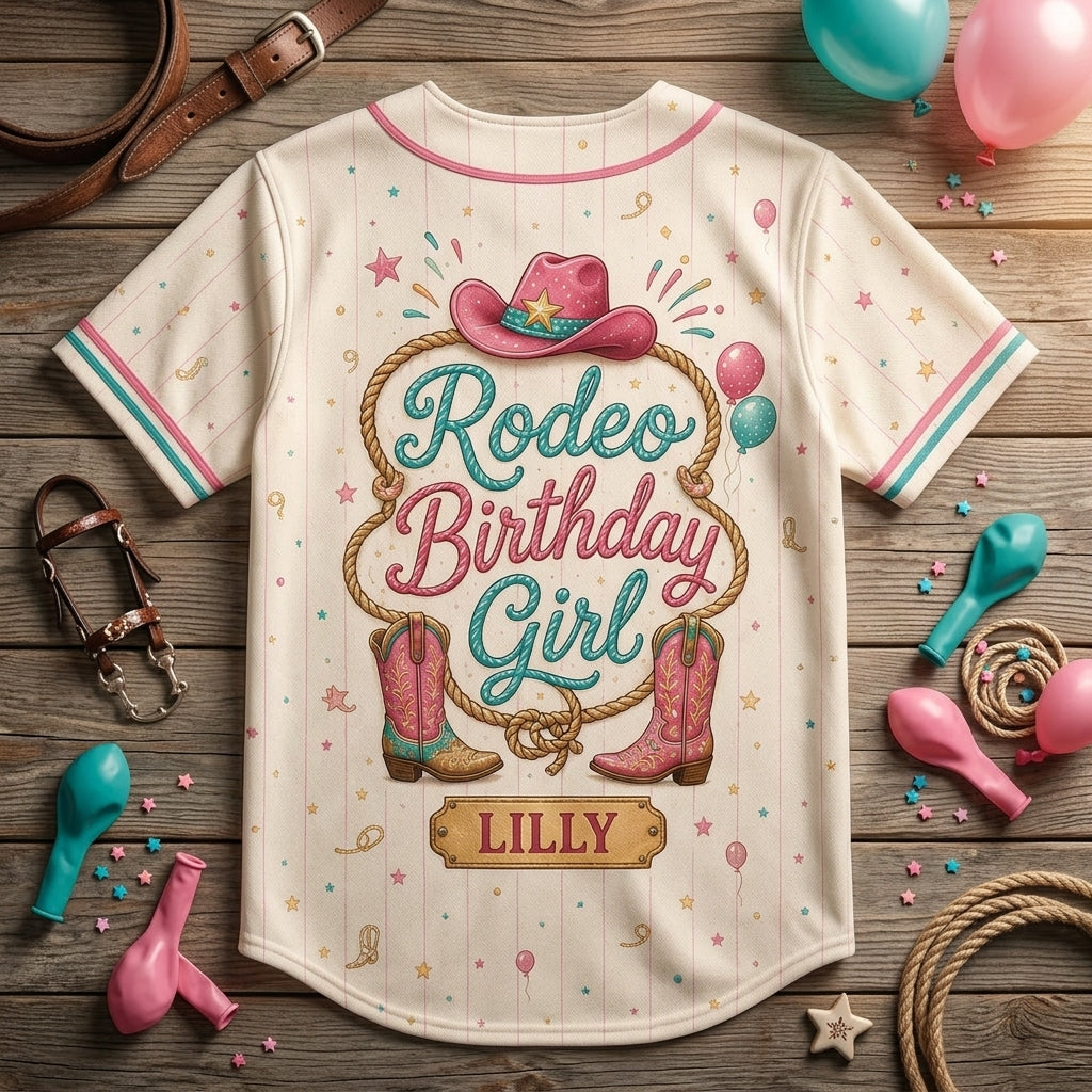 Personalized Rodeo Birthday Girl Baseball Jersey - Custom Name Cowgirl Western Theme Birthday Shirt