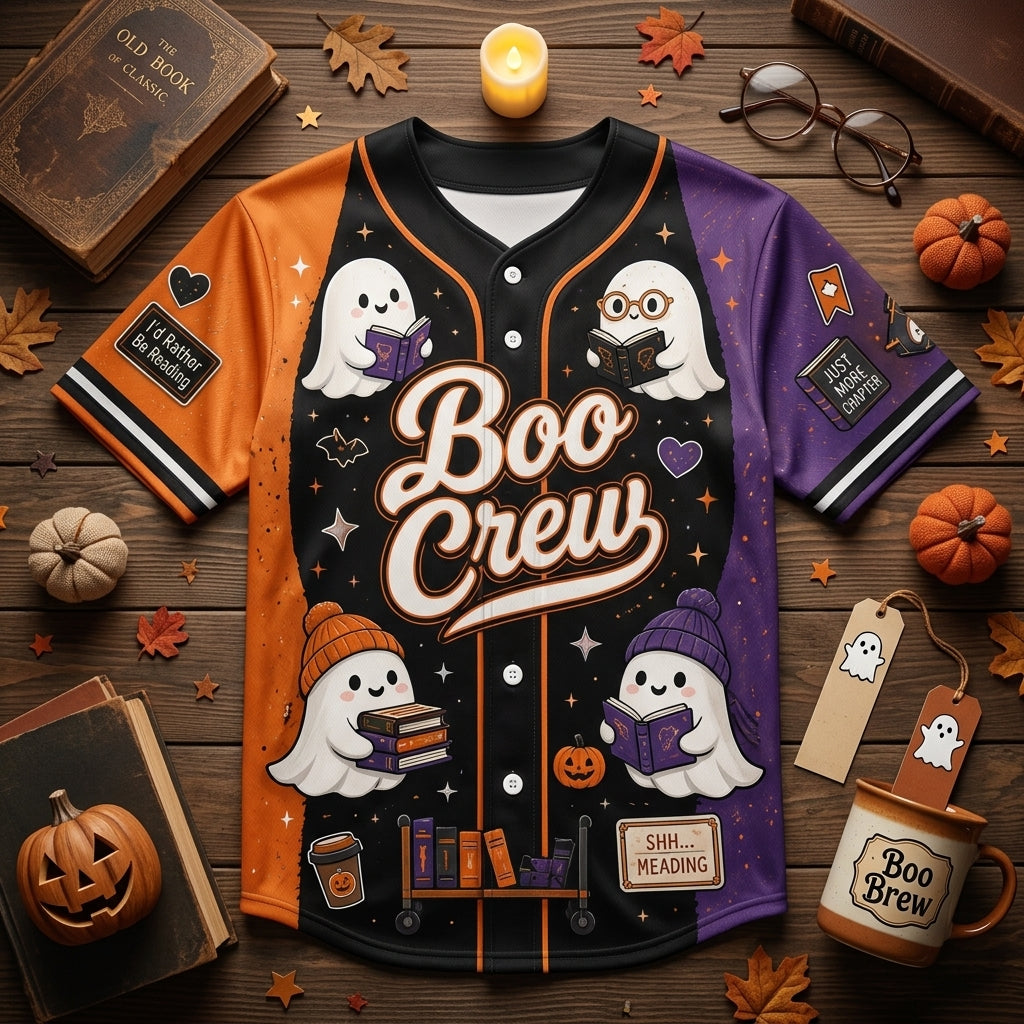 Personalized Boo Crew Halloween Baseball Jersey - Custom Name Ghost Reader Book Lover Spooky Season Apparel