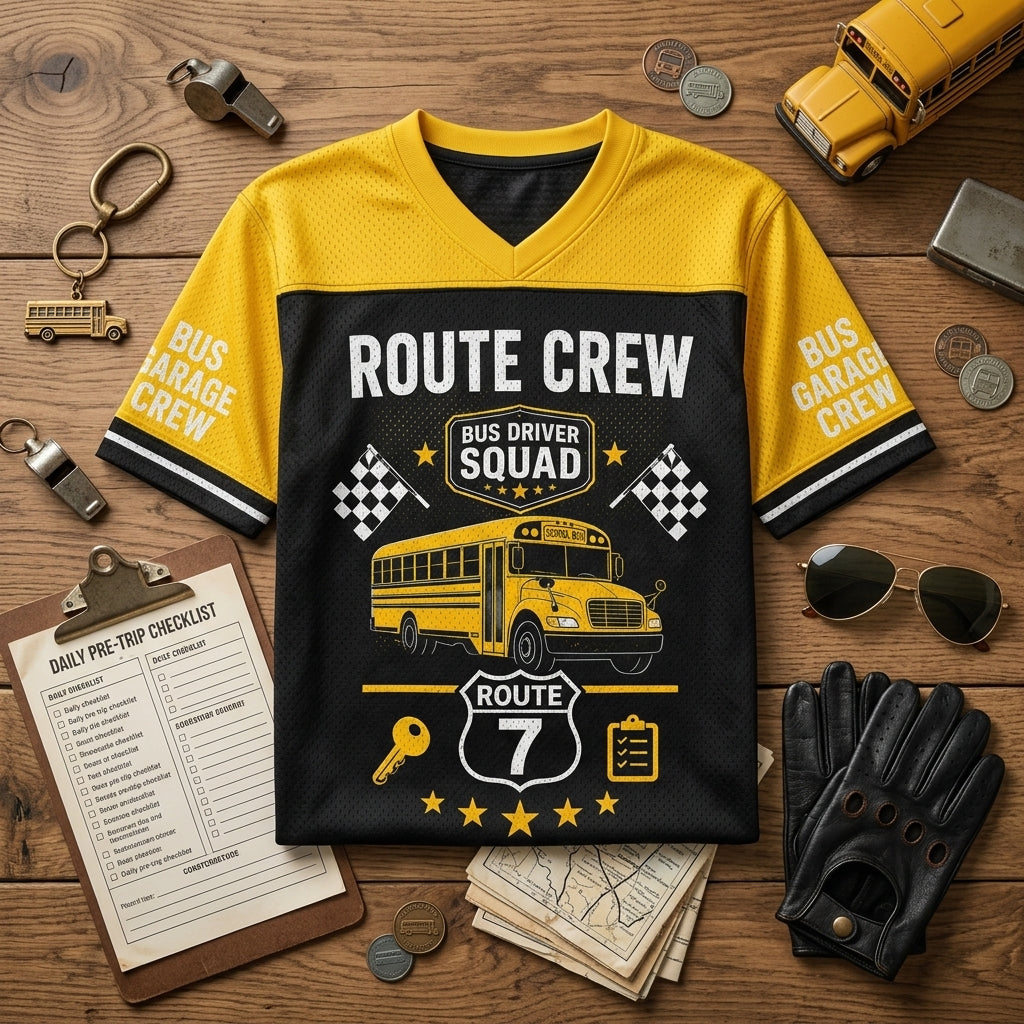 Personalized Bus Driver Squad Football Jersey - Custom Name and Route Number School Bus Crew Apparel