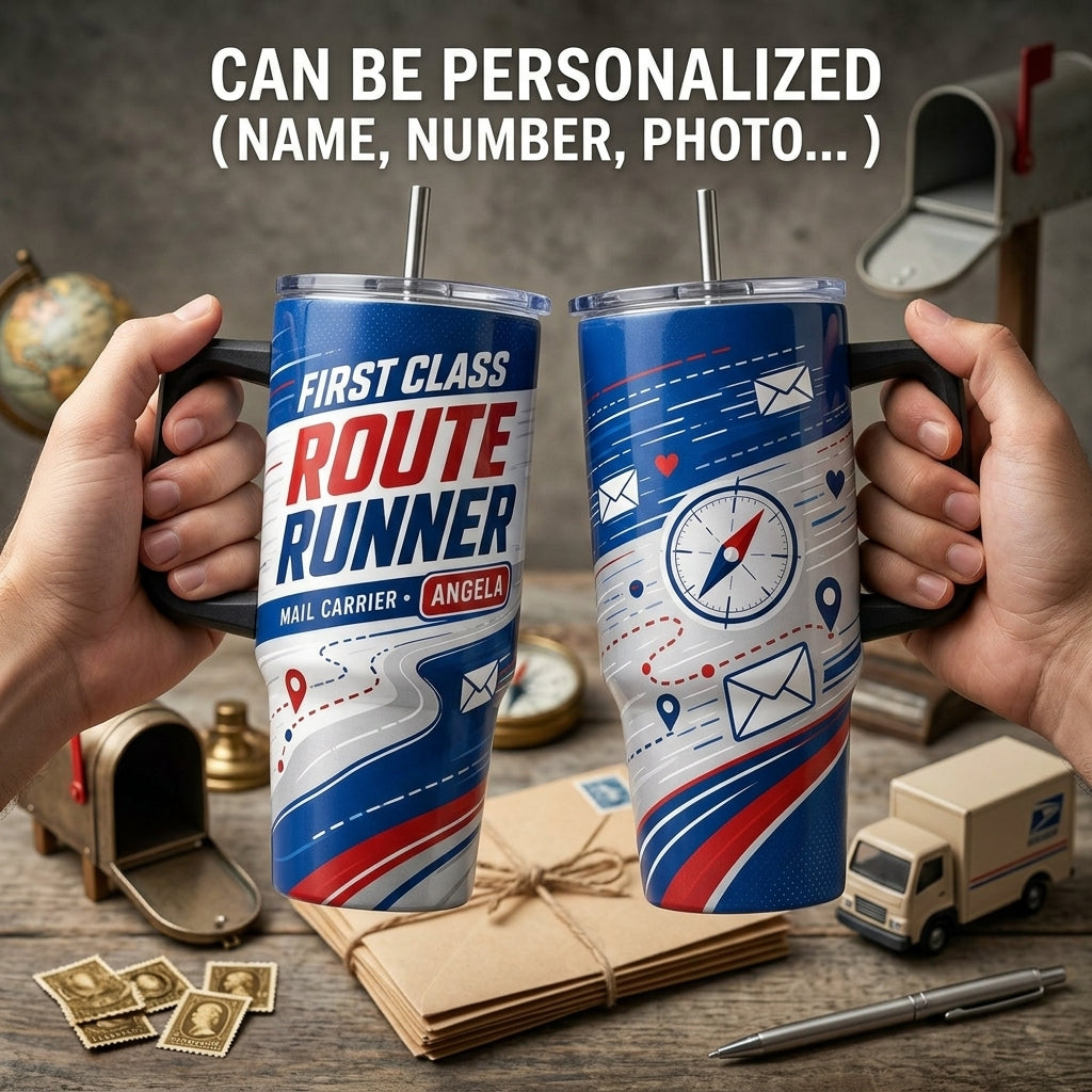 Personalized First Class Route Runner Mail Carrier 40oz Tumbler with Handle - Custom Postal Worker Gift
