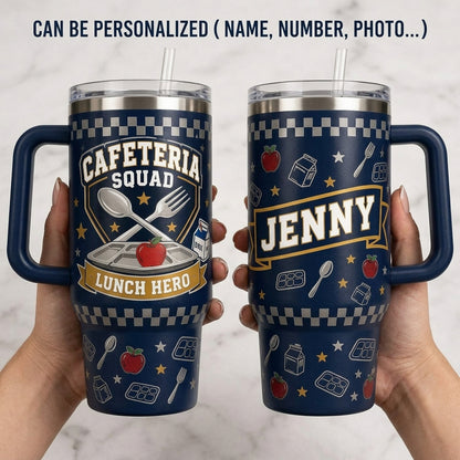 Personalized Cafeteria Squad Lunch Hero 40oz Tumbler with Handle - Custom Name School Staff Gift