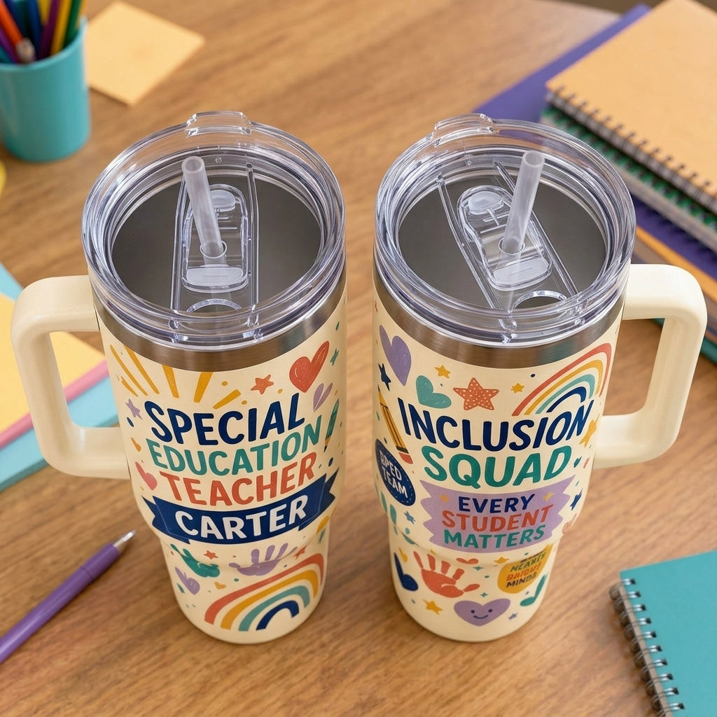 Personalized Special Education Teacher 40oz Tumbler with Handle - Custom Name Inclusion Squad Gift