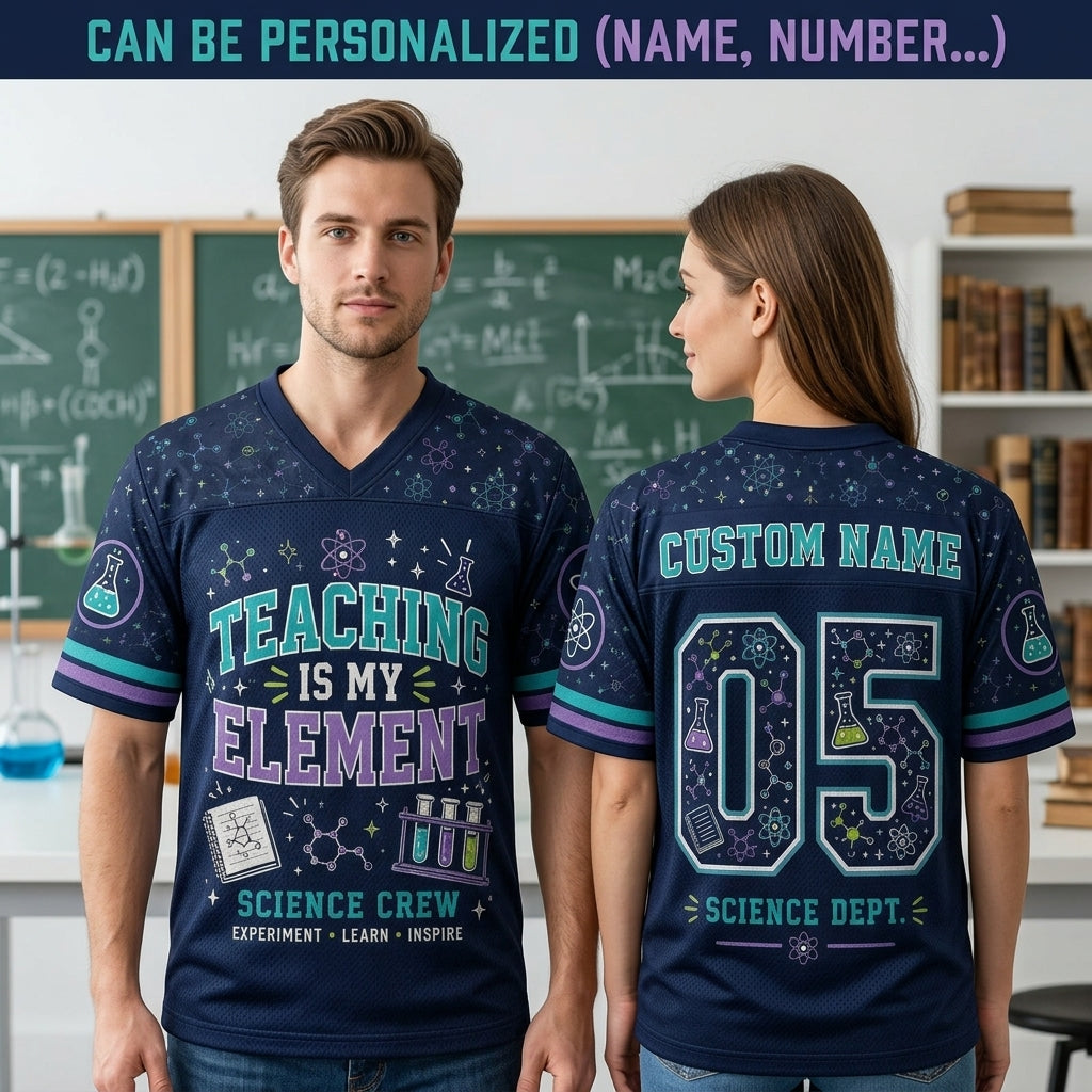 Personalized Science Teacher Football Jersey - Custom Name Science Crew Navy Hybrid Mesh Sports Shirt