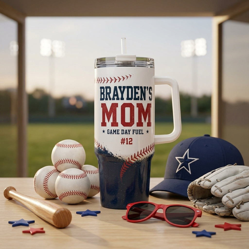 Personalized Baseball Mom 40oz Tumbler with Handle - Custom Name and Number Sports Travel Mug