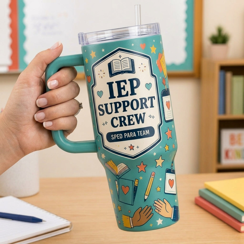 Personalized IEP Support Crew 40oz Tumbler with Handle - Custom Name SPED Para Team Gift - 40oz tumbler mockup 4