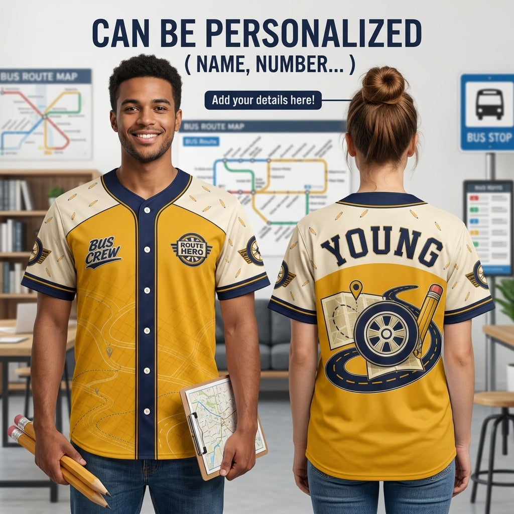 Personalized School Bus Driver Baseball Jersey - Custom Name Bus Crew Route Hero Athletic Shirt