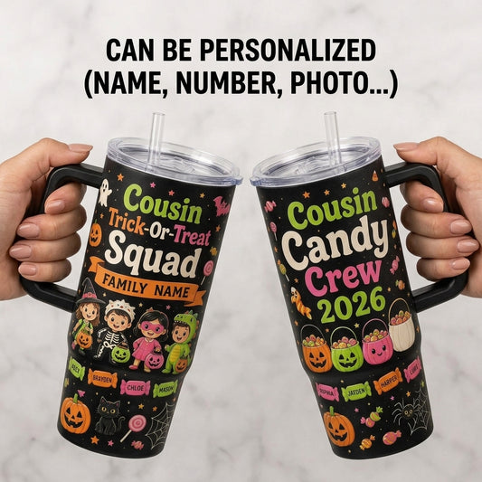 Personalized Cousin Trick-Or-Treat Squad 40oz Tumbler with Handle, Custom Family Name Halloween Gift