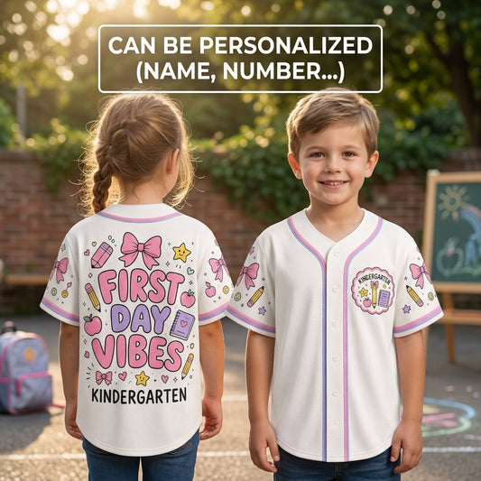 Personalized Kindergarten First Day Vibes Baseball Jersey - Custom Back to School Teacher & Student Gift