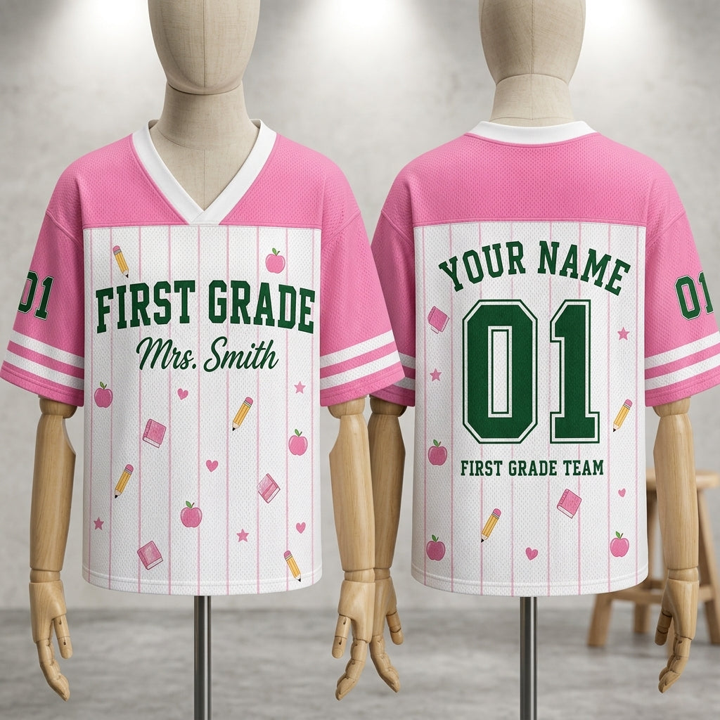 Personalized First Grade Teacher Football Jersey - Custom Name & Number Pink Sporty Mesh Shirt