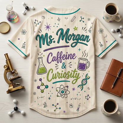 Personalized Science Teacher Crew Baseball Jersey - Custom Name STEM Educator Gift, Caffeine & Curiosity Jersey