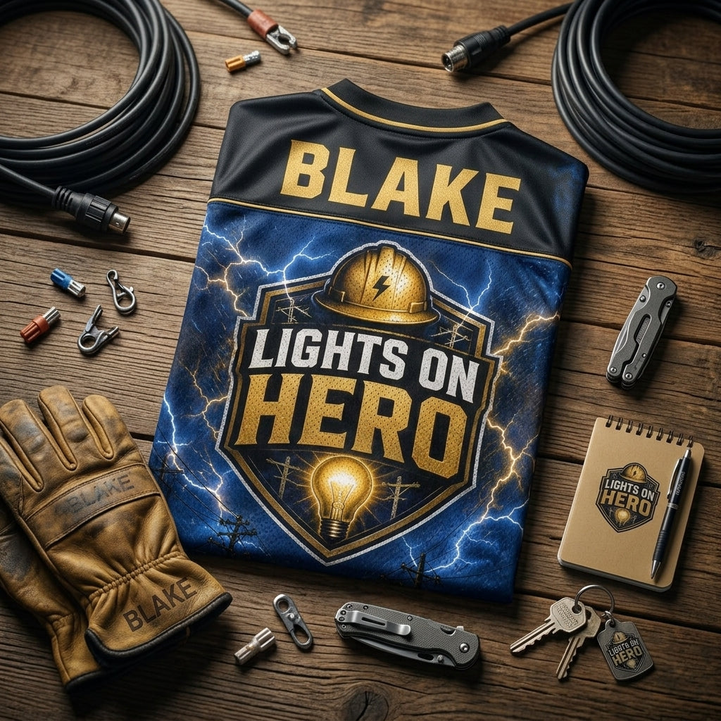 Personalized Lights On Hero Lineman Crew Football Jersey - Custom Name Electrician Gift