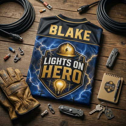 Personalized Lights On Hero Lineman Crew Football Jersey - Custom Name Electrician Gift