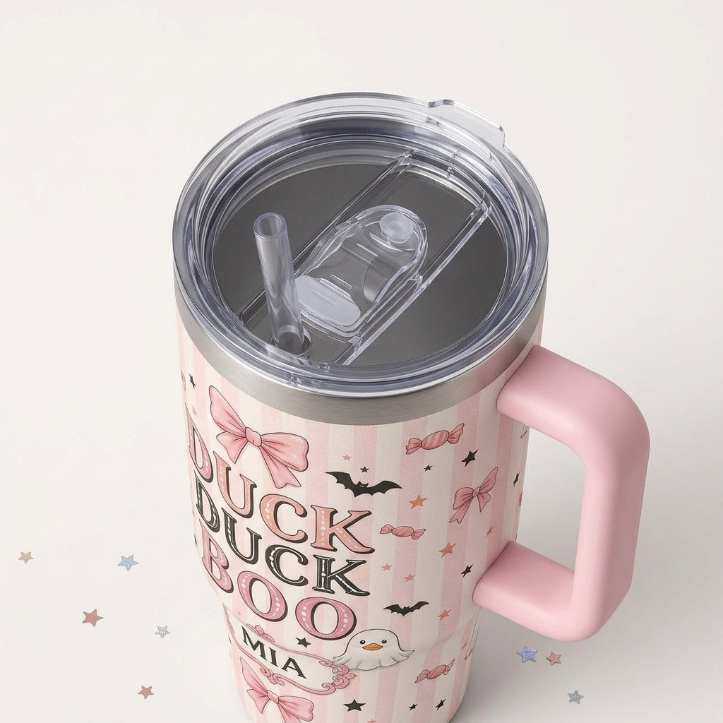 Personalized Duck Duck Boo 40oz Tumbler with Handle, Custom Coquette Ghost Duck Pink Halloween Gift