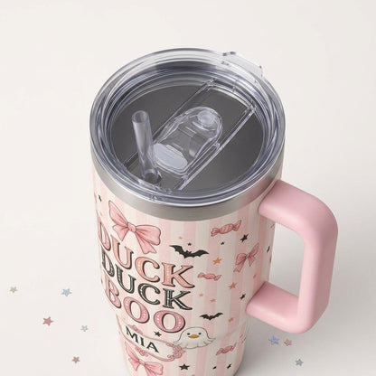 Personalized Duck Duck Boo 40oz Tumbler with Handle, Custom Coquette Ghost Duck Pink Halloween Gift