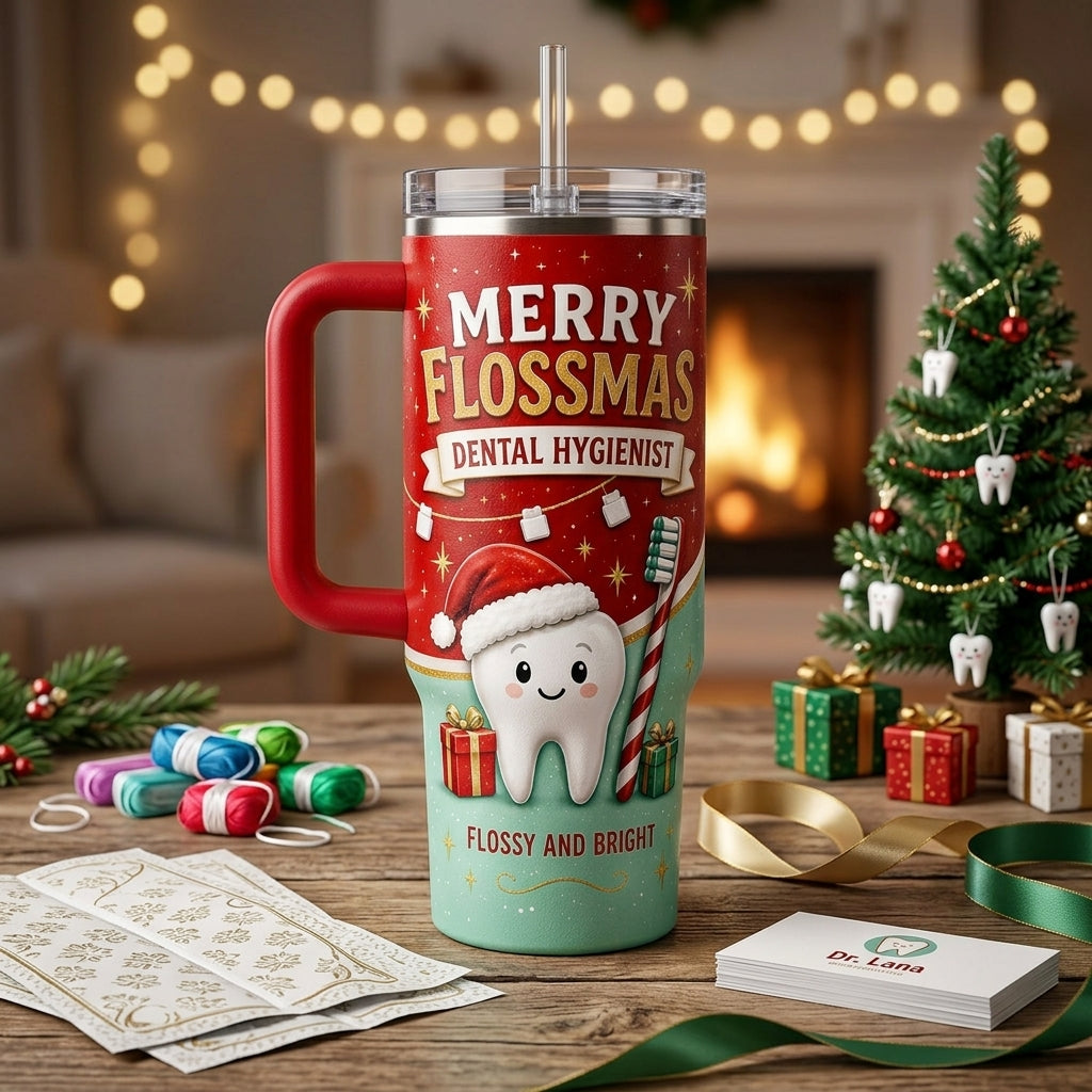 Personalized Merry Flossmas Dental Hygienist 40oz Tumbler with Handle - Custom Name Dentist Christmas Gift