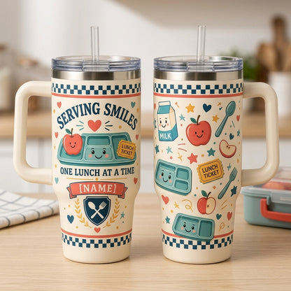 Personalized Serving Smiles One Lunch At A Time 40oz Tumbler with Handle - Custom Lunch Lady Appreciation Gift - 40oz tumbler mockup 2