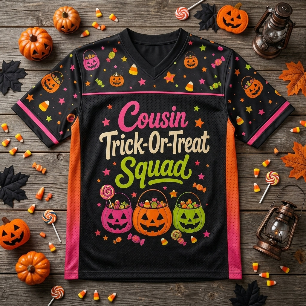 Personalized Cousin Trick-Or-Treat Squad Halloween Football Jersey - Custom Family Name & Number